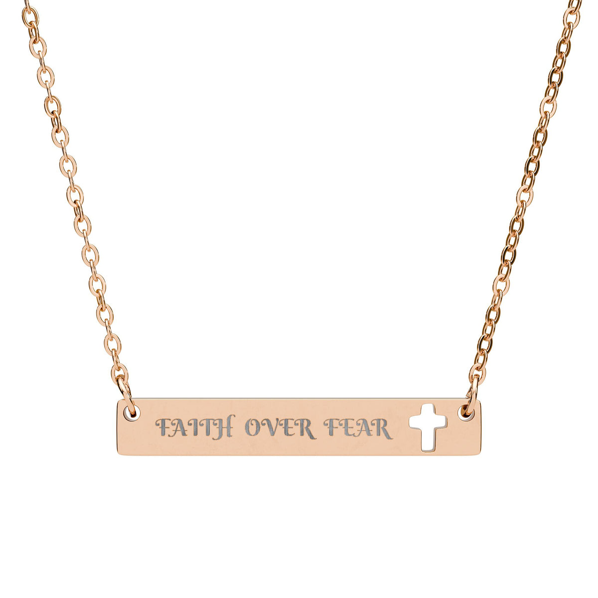 Cutout Cross Bar Necklace — "Faith Over Fear" Engraved Religious Pendant
