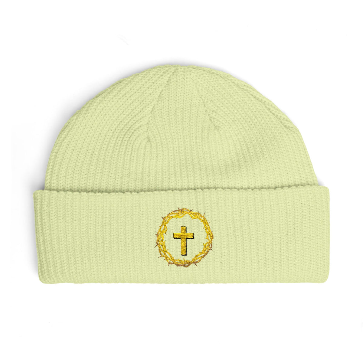 Christian Cross Cuff Beanie — Gold Wreath Embroidered Knit Hat