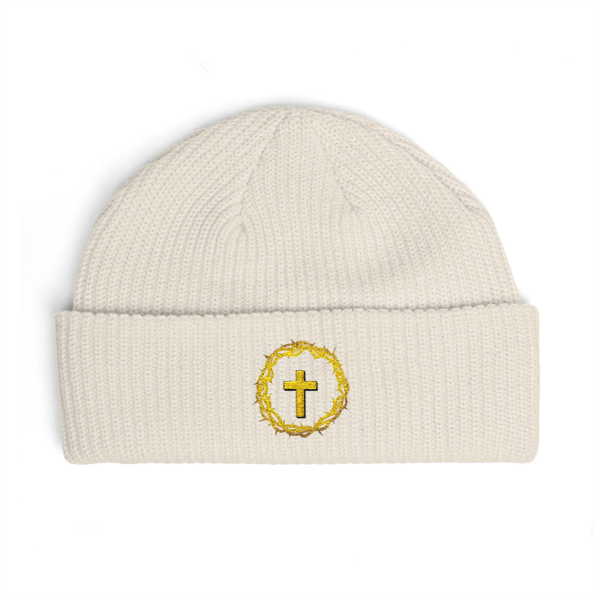 Christian Cross Cuff Beanie — Gold Wreath Embroidered Knit Hat