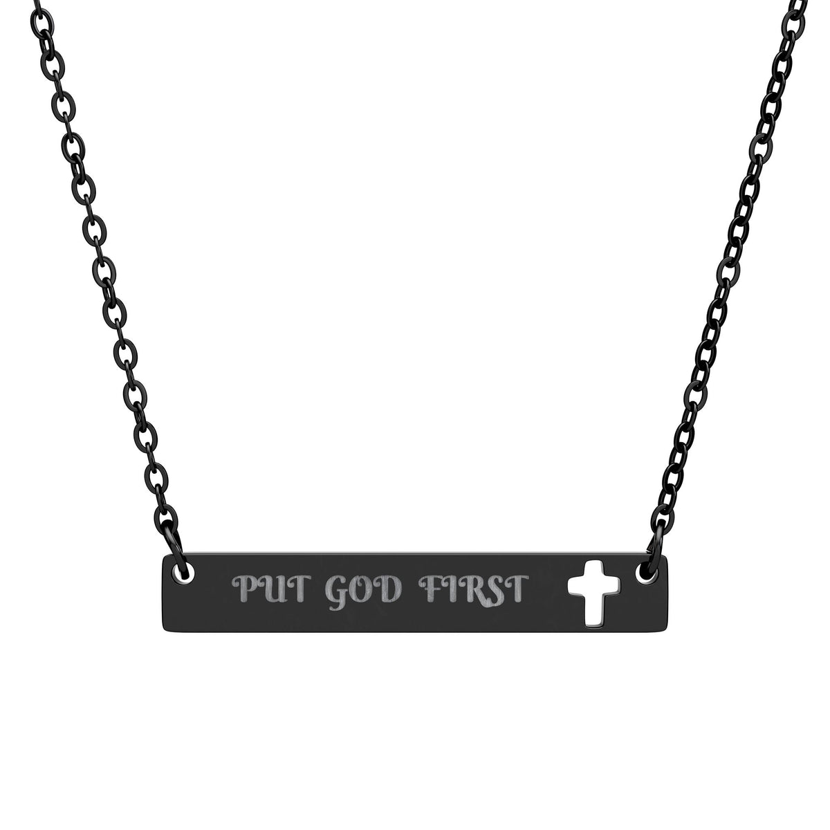 Cutout Cross Bar Necklace — “Put God First” Engraved Religious Necklace