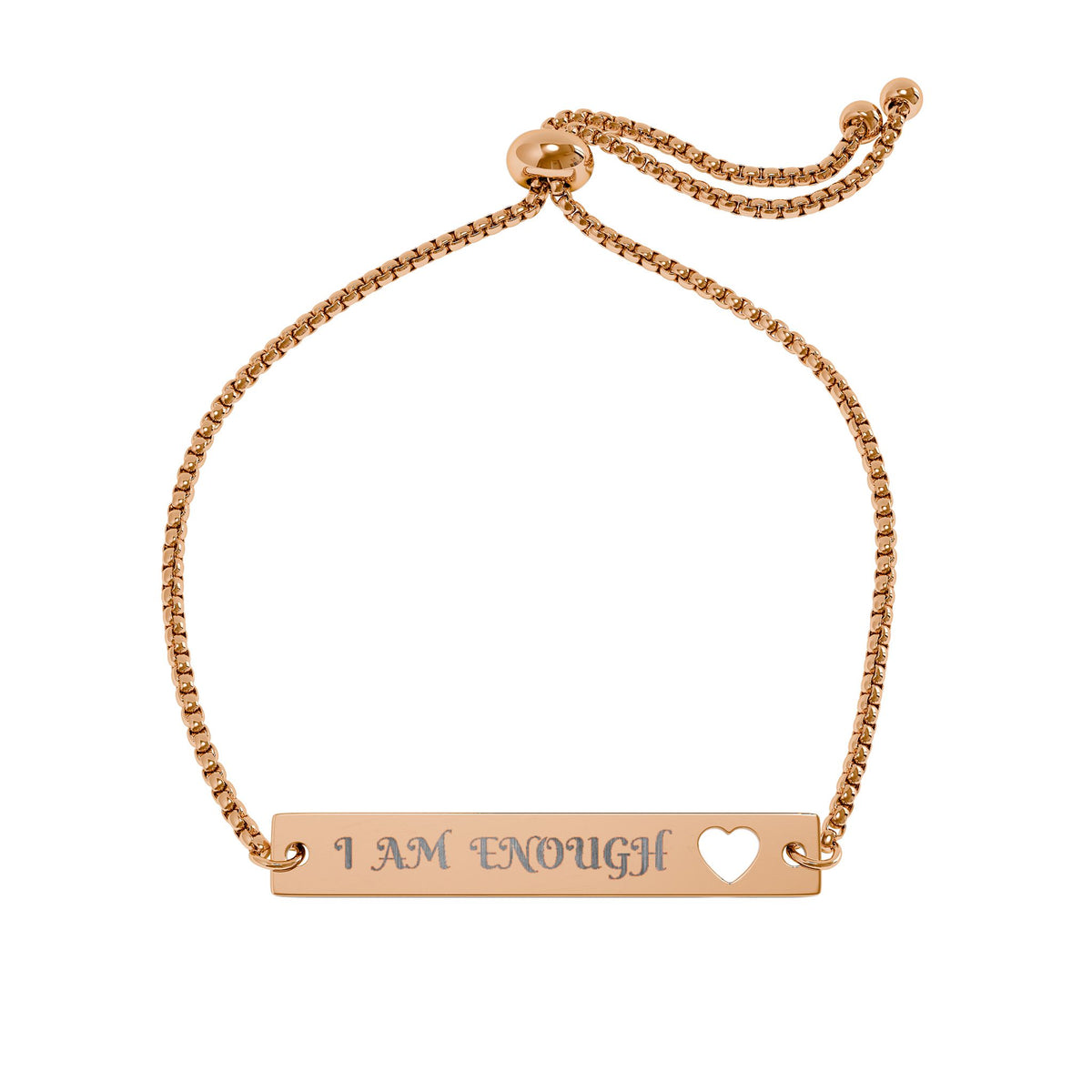 Adjustable Engraved Heart Bar Bracelet — "I AM ENOUGH" Personalized Rose Gold