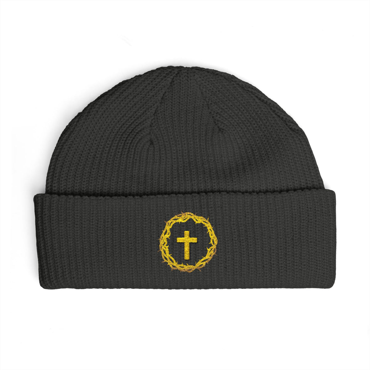 Christian Cross Cuff Beanie — Gold Wreath Embroidered Knit Hat