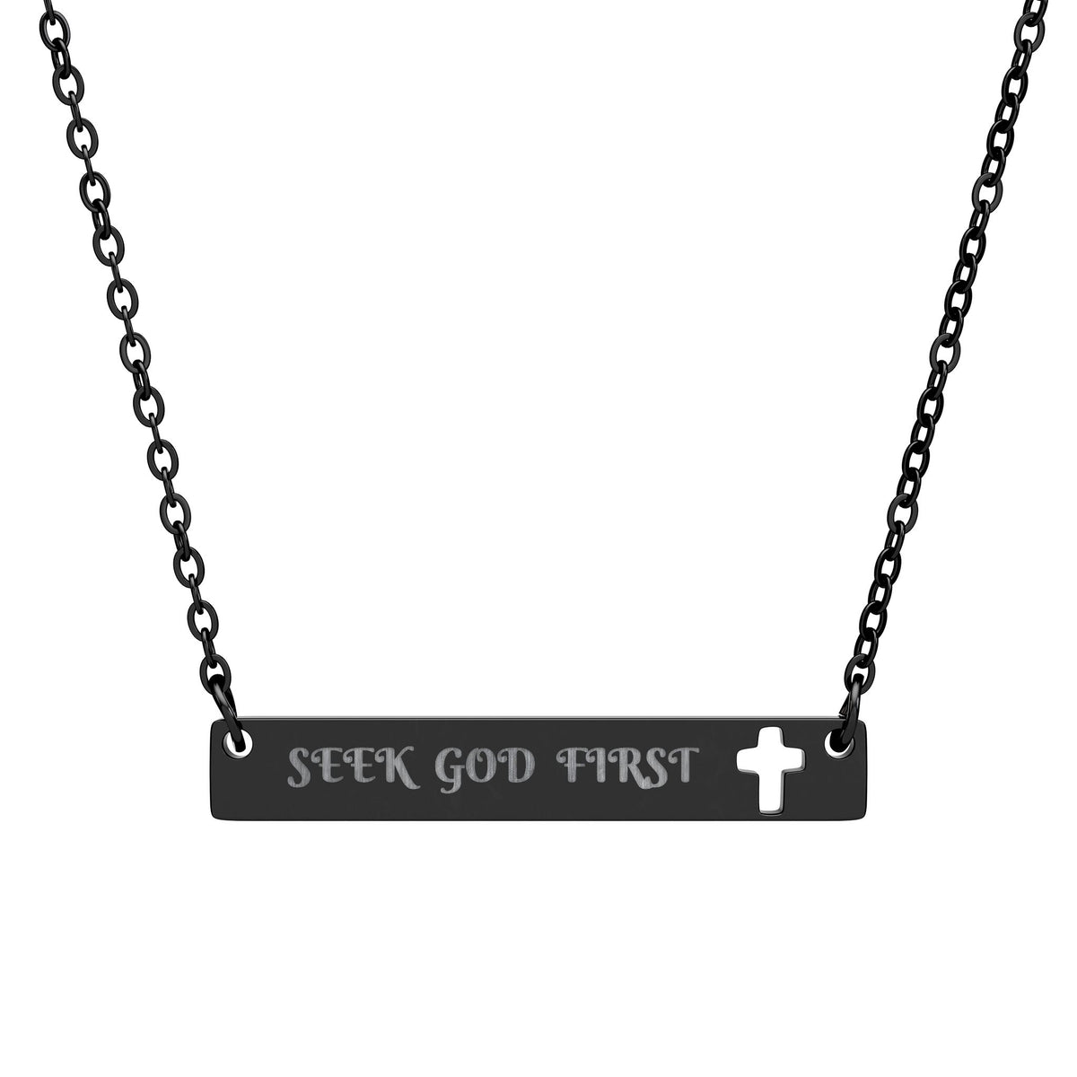 Cutout Cross Bar Necklace — "Seek God First" Engraved Religious Pendant