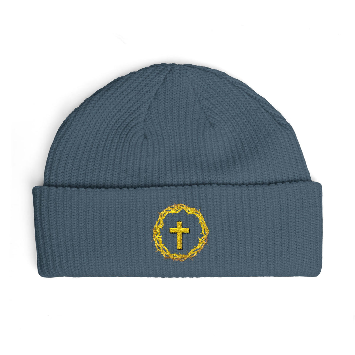 Christian Cross Cuff Beanie — Gold Wreath Embroidered Knit Hat