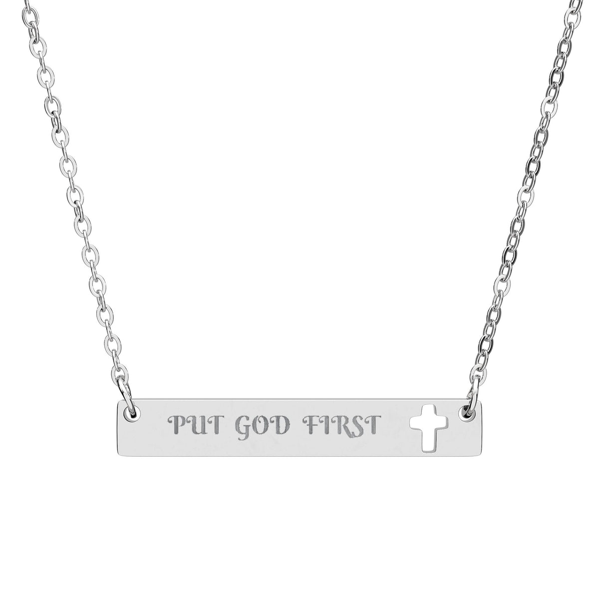 Cutout Cross Bar Necklace — “Put God First” Engraved Religious Necklace