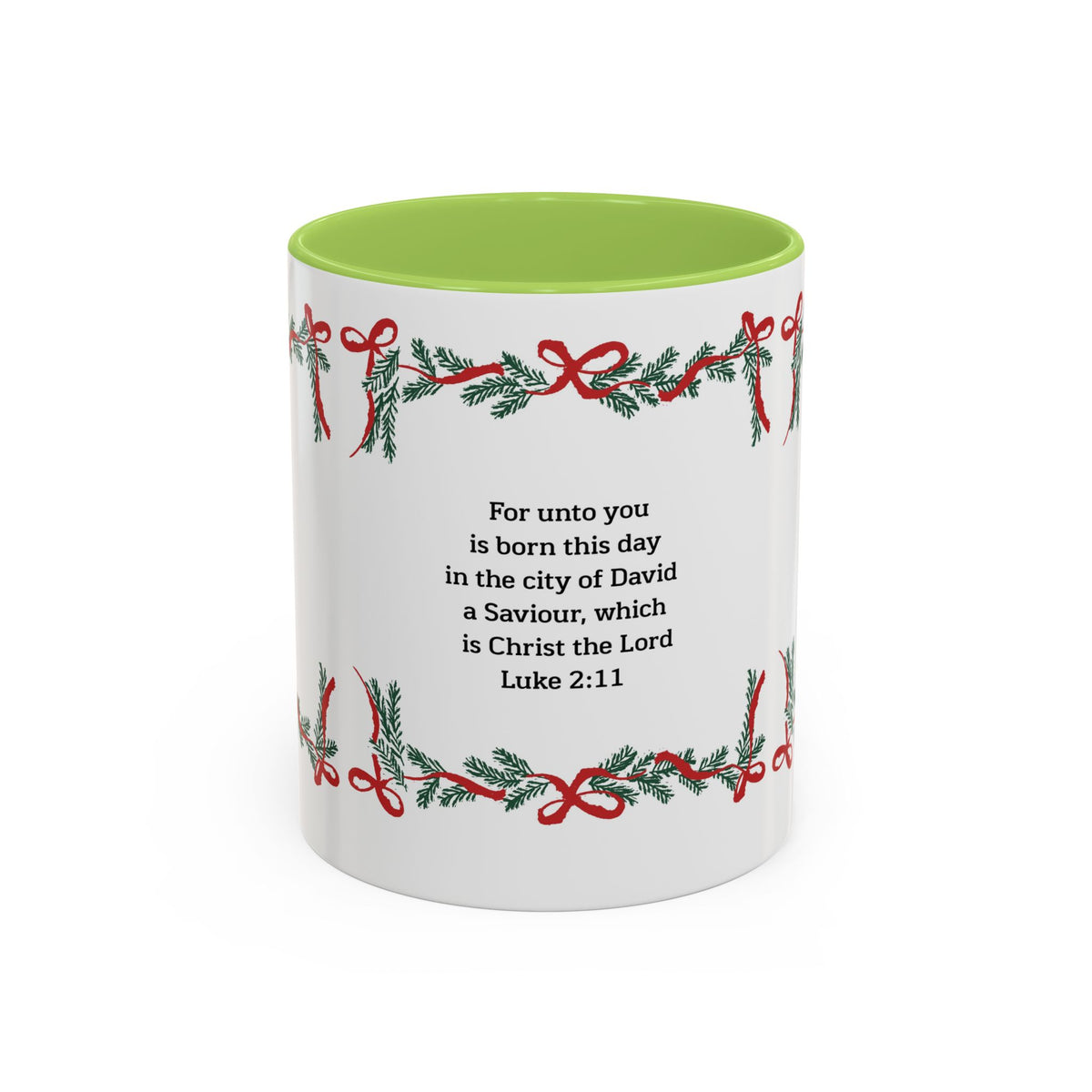 Christmas Scripture Coffee Mug — Luke 2:11 Holiday Accent Mug with Garland & Tree