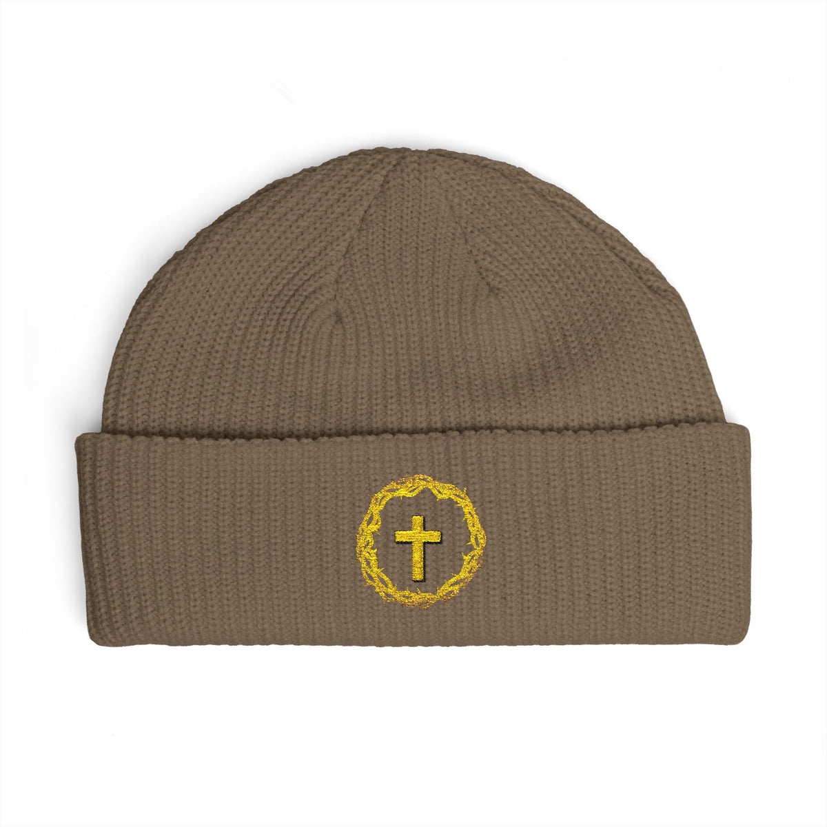 Christian Cross Cuff Beanie — Gold Wreath Embroidered Knit Hat