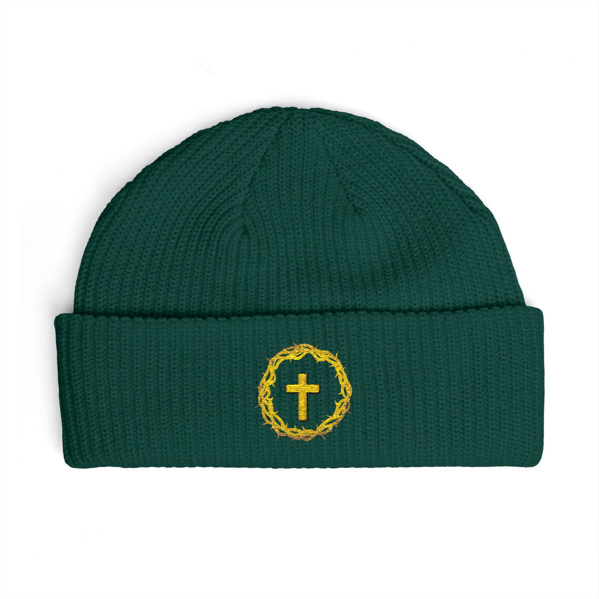 Christian Cross Cuff Beanie — Gold Wreath Embroidered Knit Hat