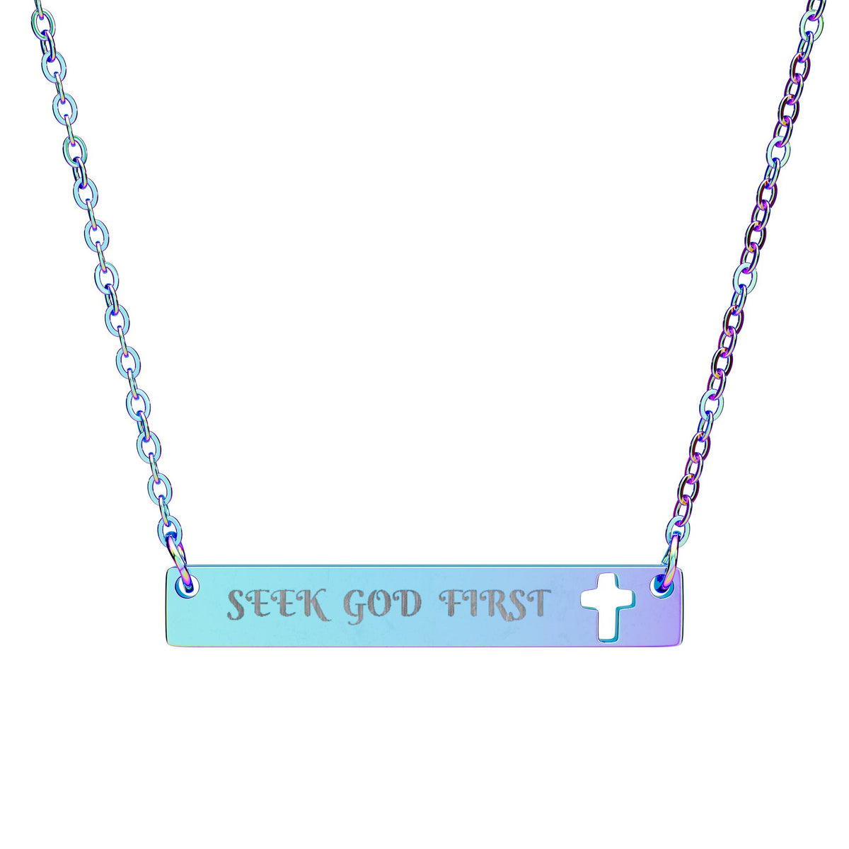 Cutout Cross Bar Necklace — "Seek God First" Engraved Religious Pendant