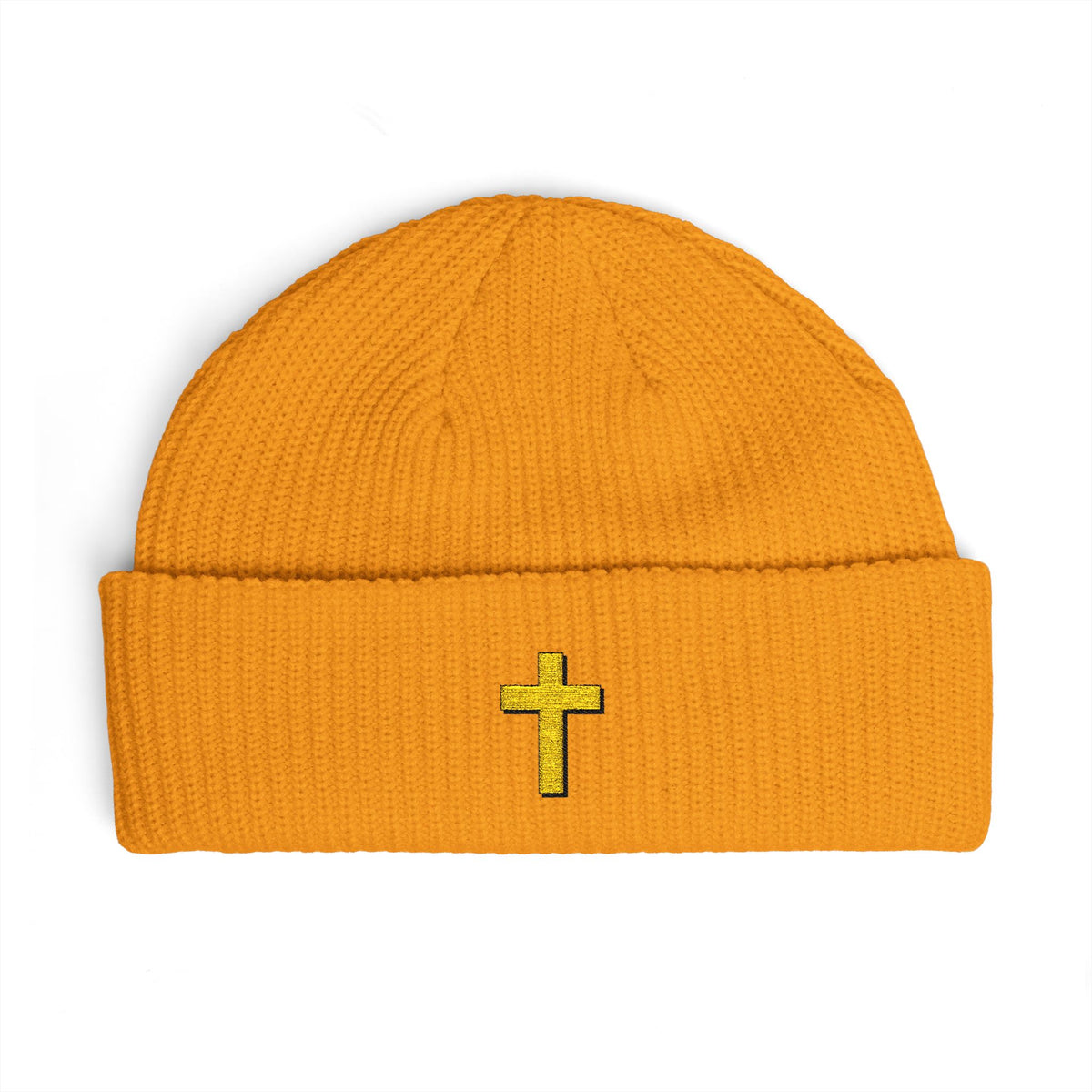 Gold Cross Cuff Beanie — Religious Knit Hat for Church, Prayer & Christmas Gifts