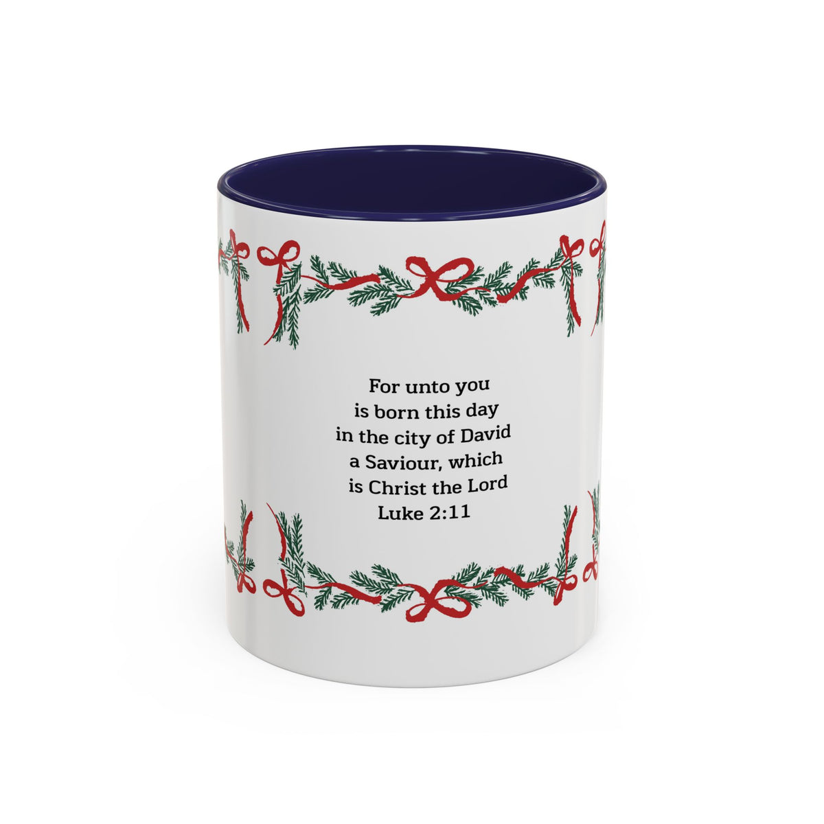Christmas Scripture Coffee Mug — Luke 2:11 Holiday Accent Mug with Garland & Tree
