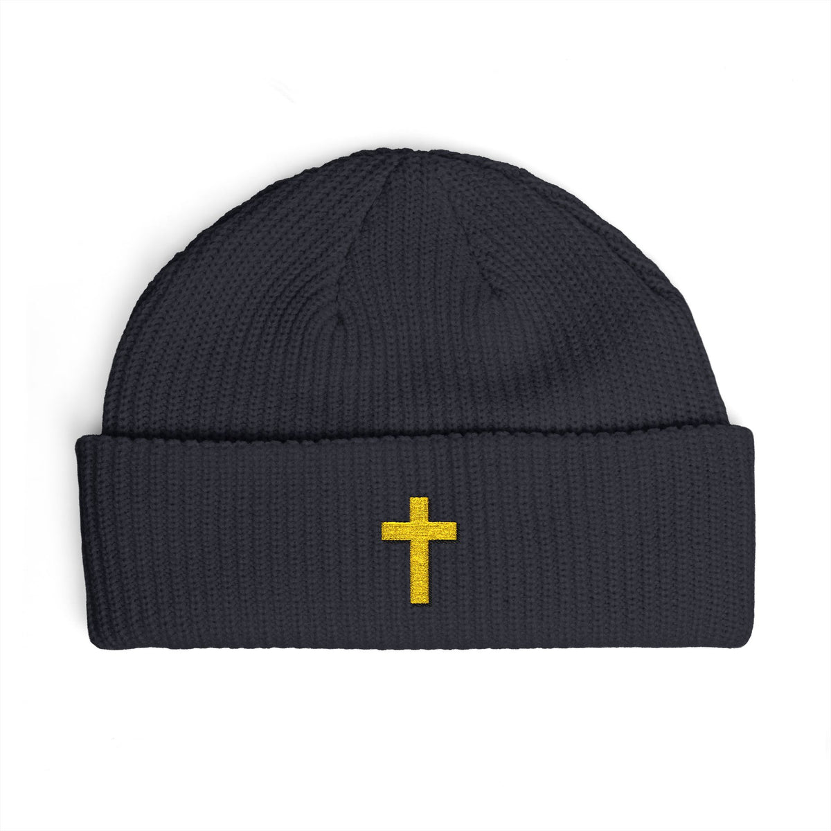 Gold Cross Cuff Beanie — Religious Knit Hat for Church, Prayer & Christmas Gifts