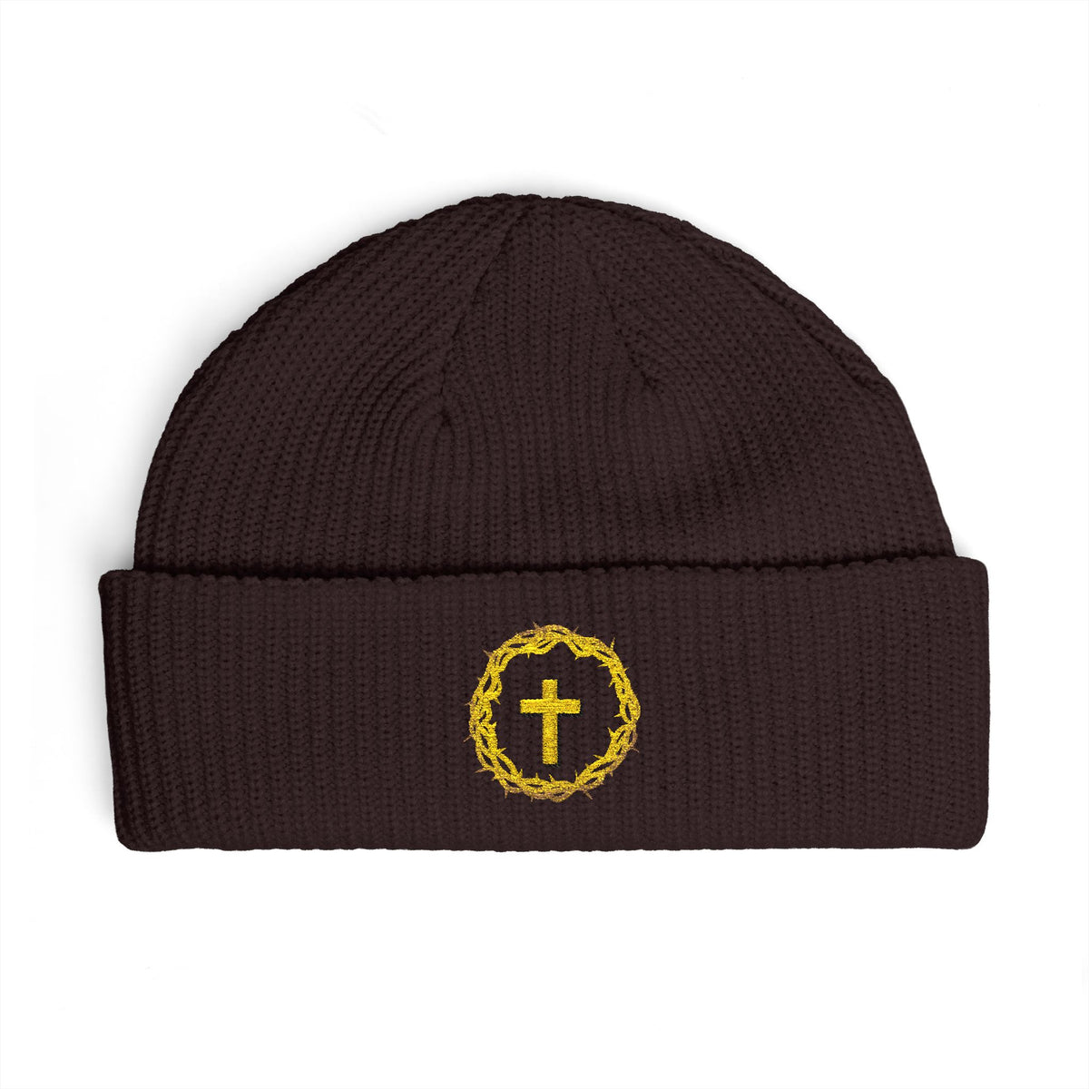 Christian Cross Cuff Beanie — Gold Wreath Embroidered Knit Hat