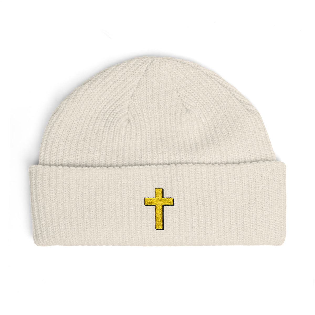Gold Cross Cuff Beanie — Religious Knit Hat for Church, Prayer & Christmas Gifts