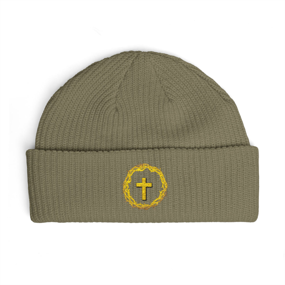 Christian Cross Cuff Beanie — Gold Wreath Embroidered Knit Hat
