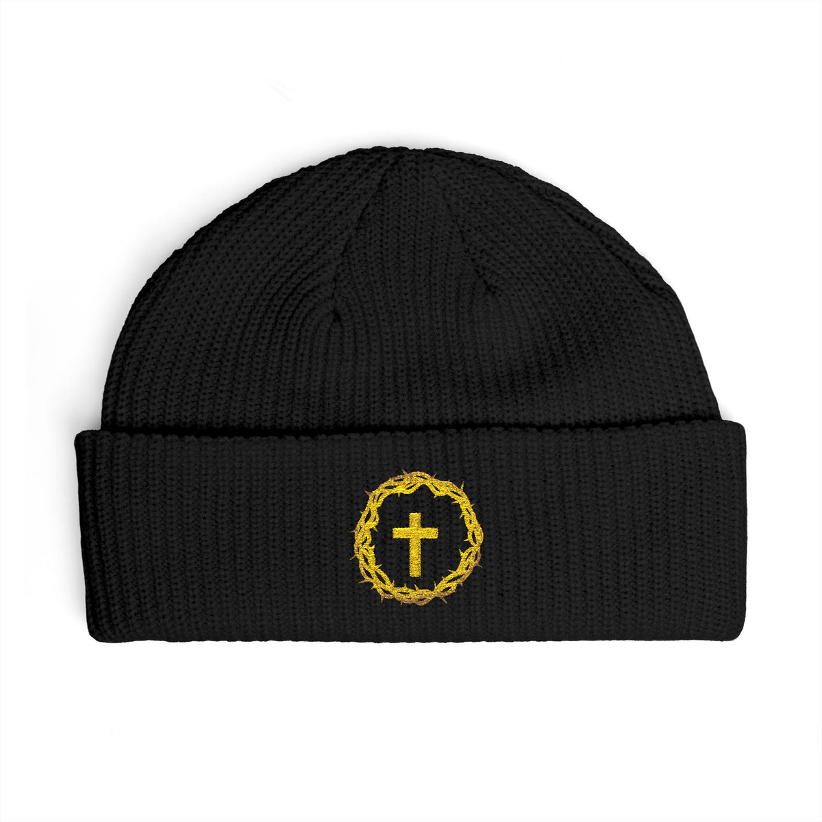 Christian Cross Cuff Beanie — Gold Wreath Embroidered Knit Hat