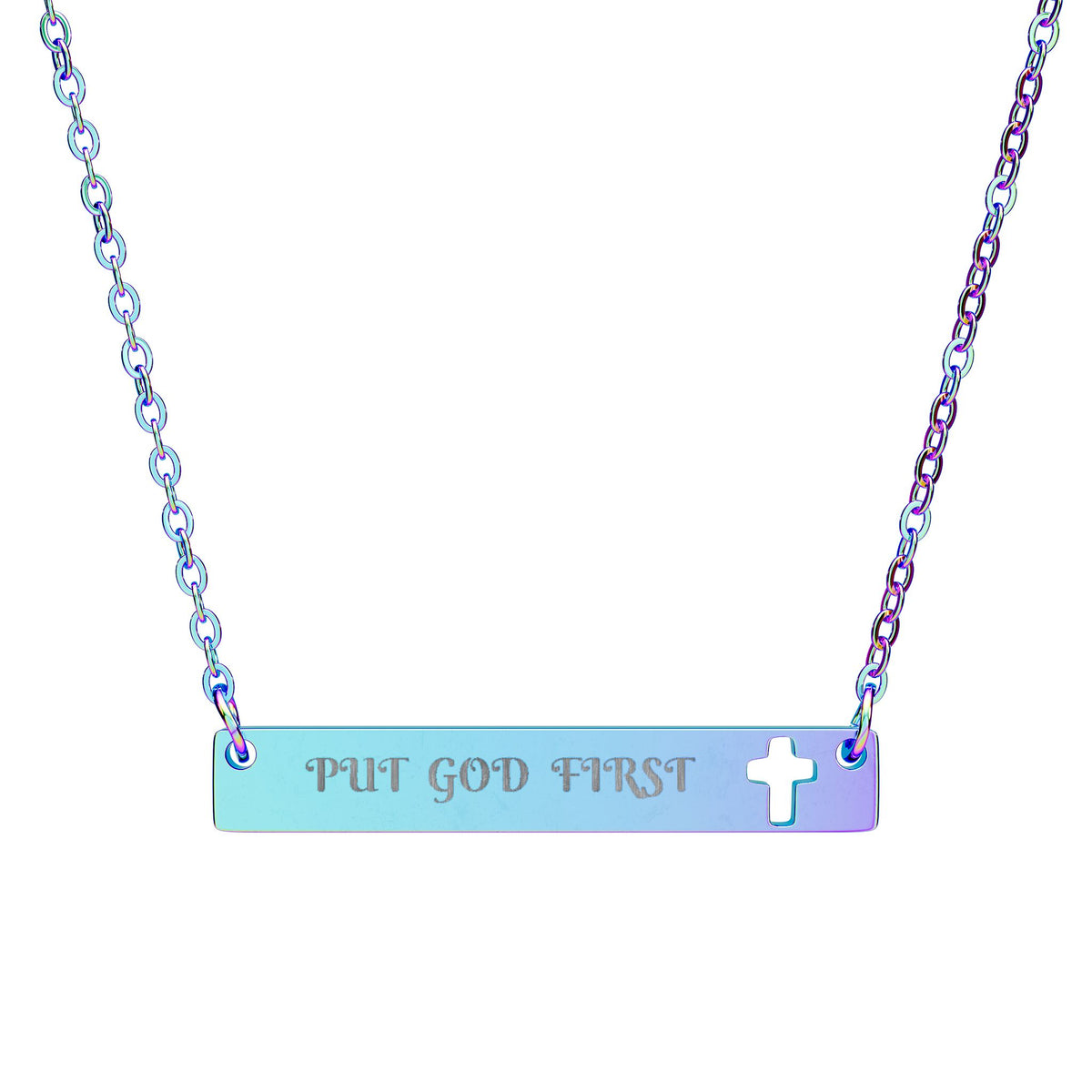 Cutout Cross Bar Necklace — “Put God First” Engraved Religious Necklace