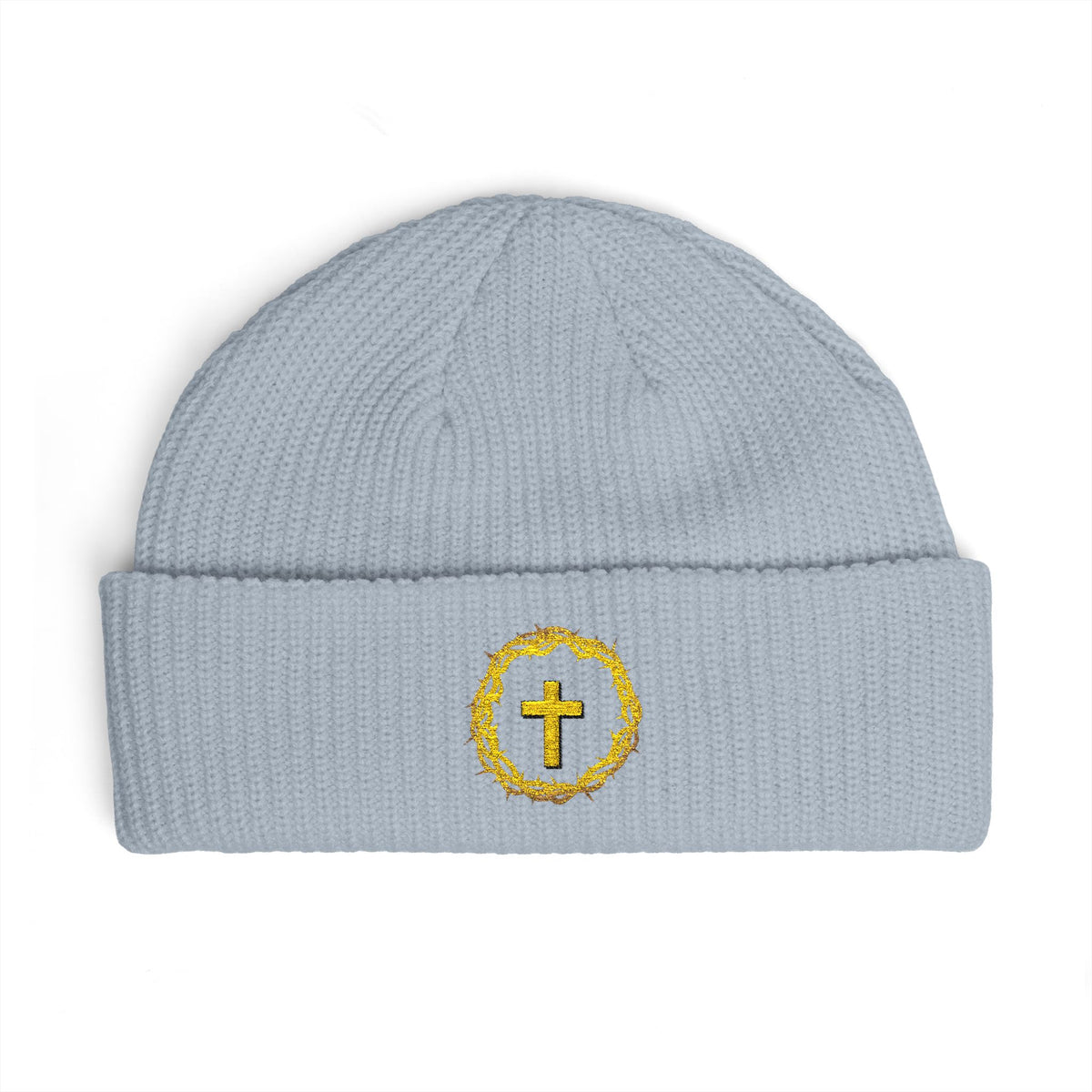 Christian Cross Cuff Beanie — Gold Wreath Embroidered Knit Hat