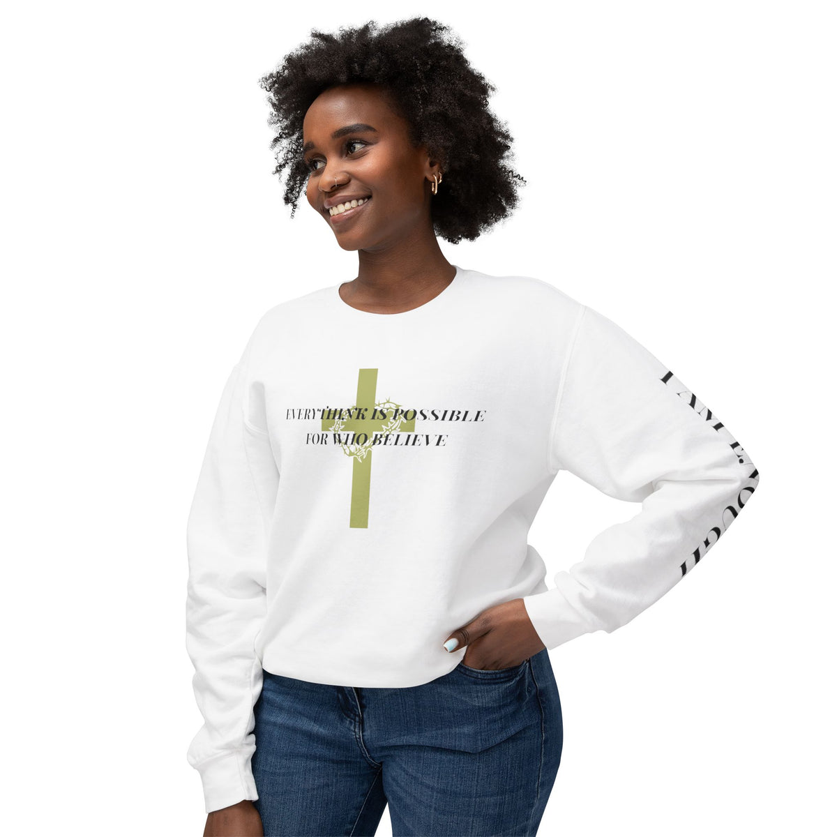 Christian Cross Crewneck Sweatshirt — "Everything Is Possible for Those Who Believe"