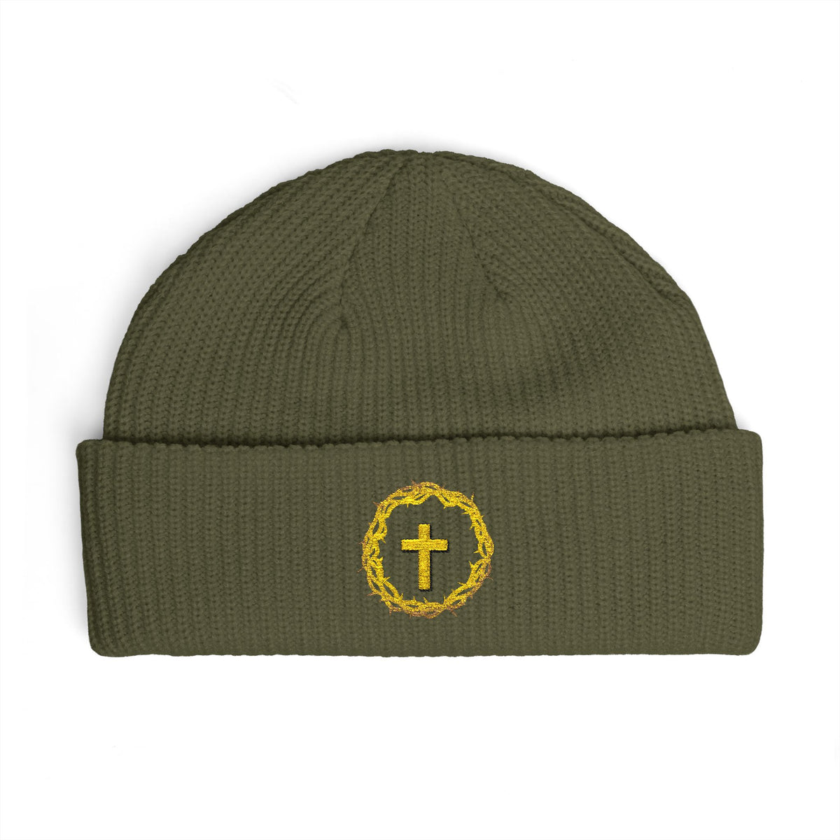 Christian Cross Cuff Beanie — Gold Wreath Embroidered Knit Hat