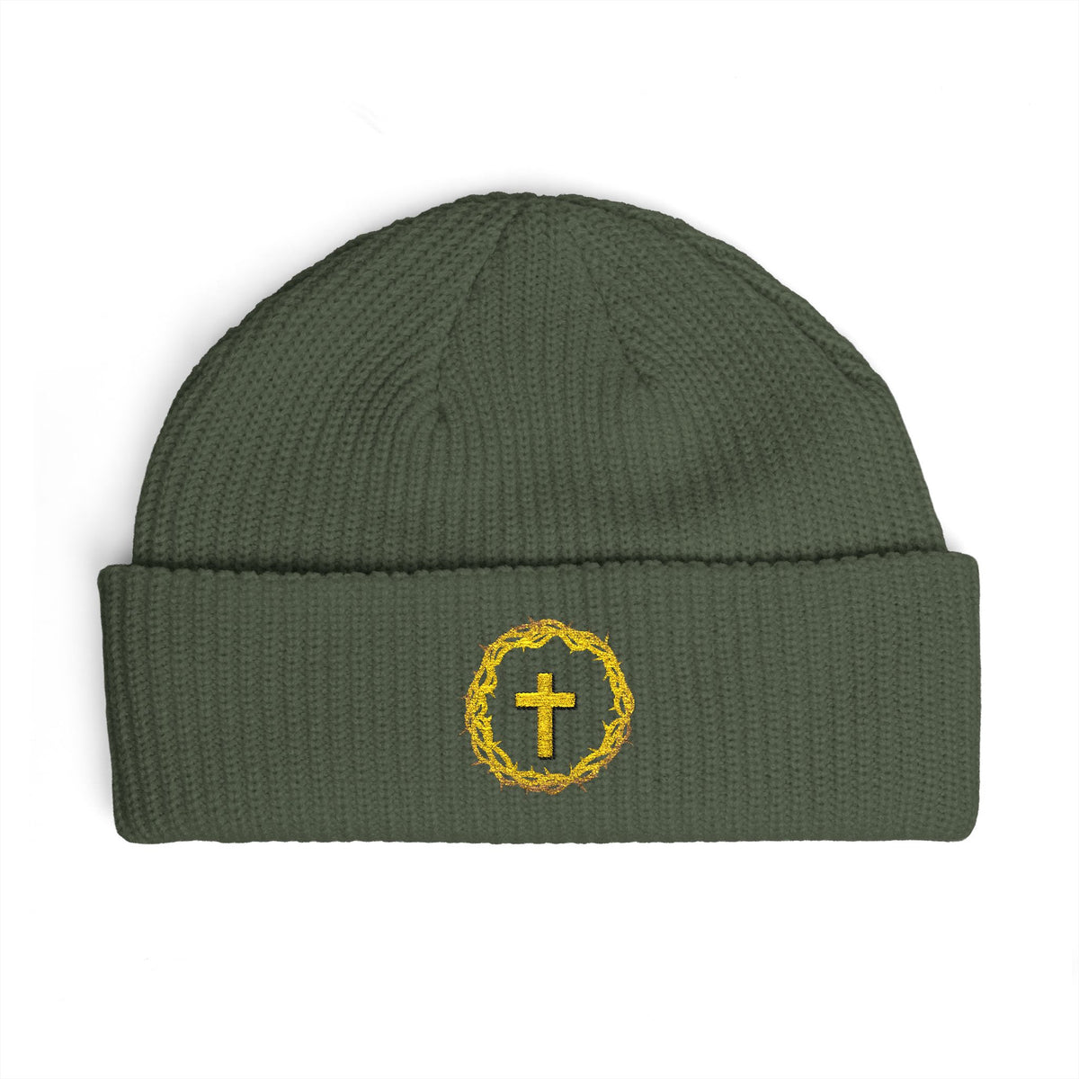 Christian Cross Cuff Beanie — Gold Wreath Embroidered Knit Hat