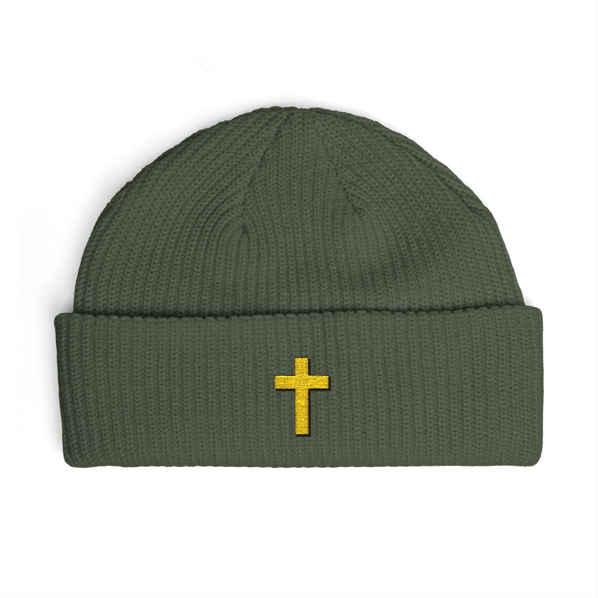 Gold Cross Cuff Beanie — Religious Knit Hat for Church, Prayer & Christmas Gifts