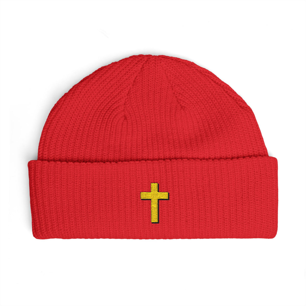 Gold Cross Cuff Beanie — Religious Knit Hat for Church, Prayer & Christmas Gifts