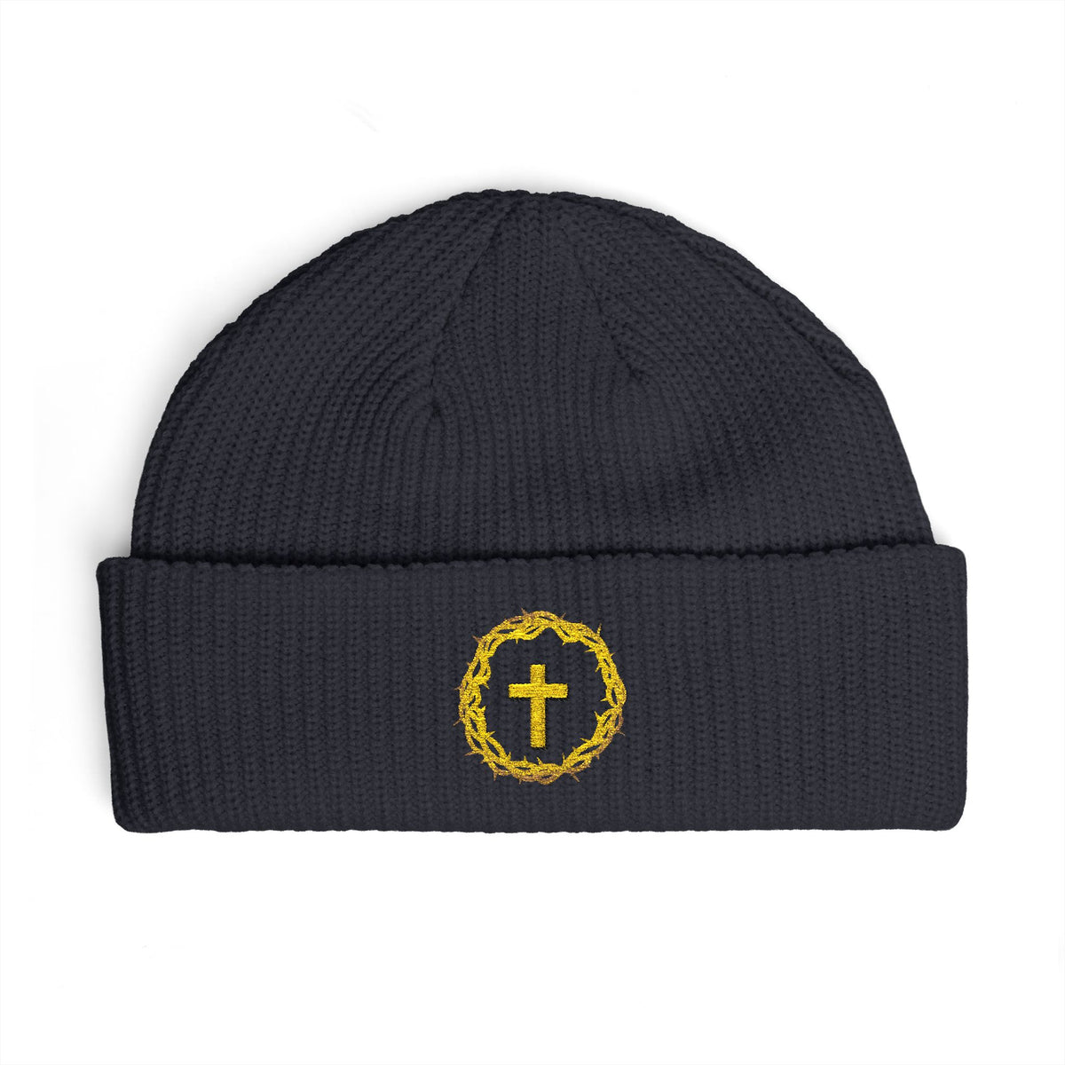 Christian Cross Cuff Beanie — Gold Wreath Embroidered Knit Hat