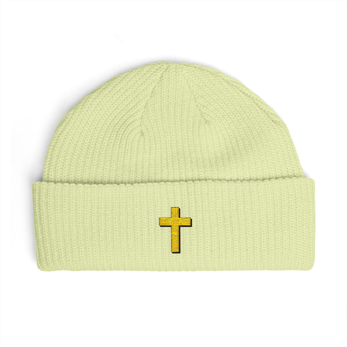 Gold Cross Cuff Beanie — Religious Knit Hat for Church, Prayer & Christmas Gifts