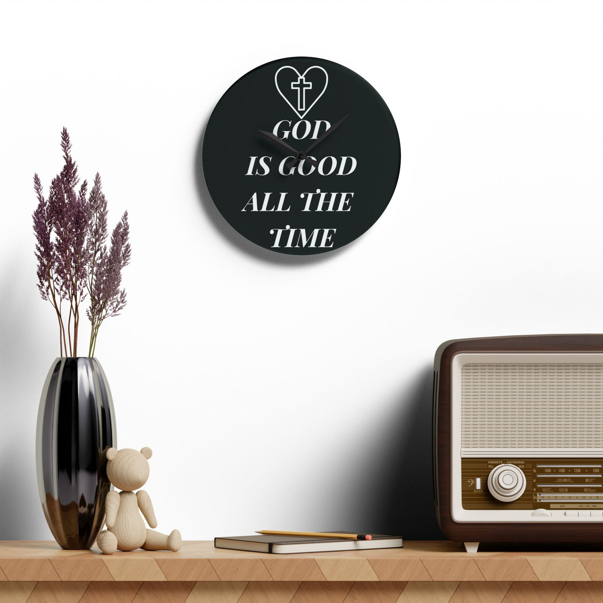 Acrylic Wall Clock - "God Is Good All The Time" Christian Cross Heart Religious Home Decor